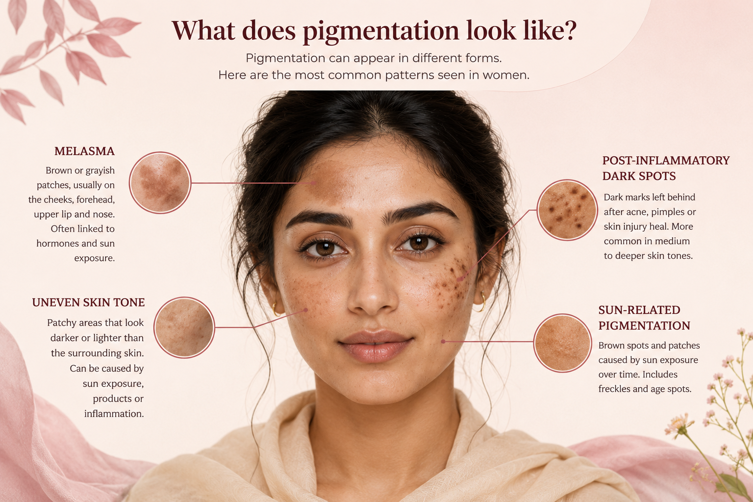 Different patterns of facial pigmentation including melasma dark spots and uneven skin tone