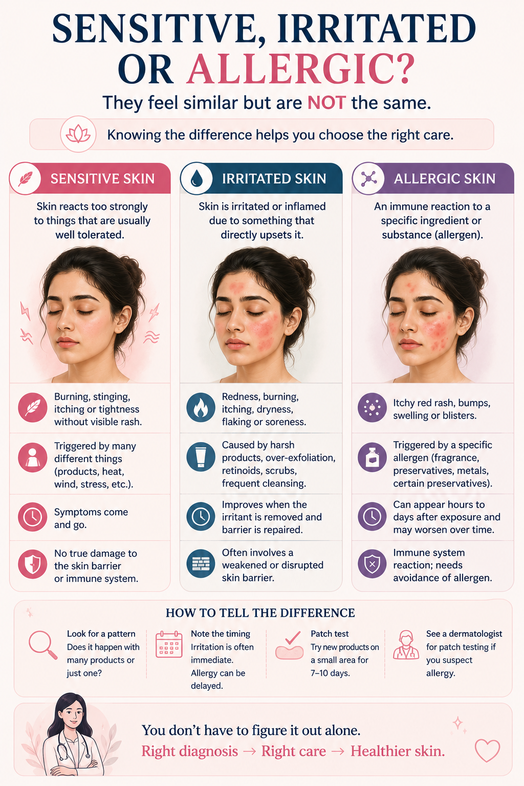 Comparison of sensitive skin, irritated skin and allergic skin showing differences in symptoms, triggers, skin reactions and when allergy testing may be needed.