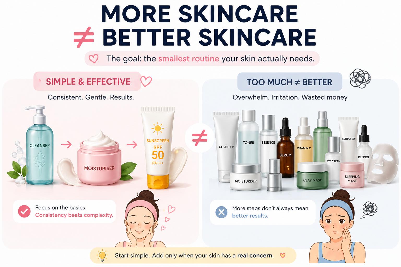 Simple three-step skincare routine compared with an overloaded multi-product routine, showing that more skincare is not always better.