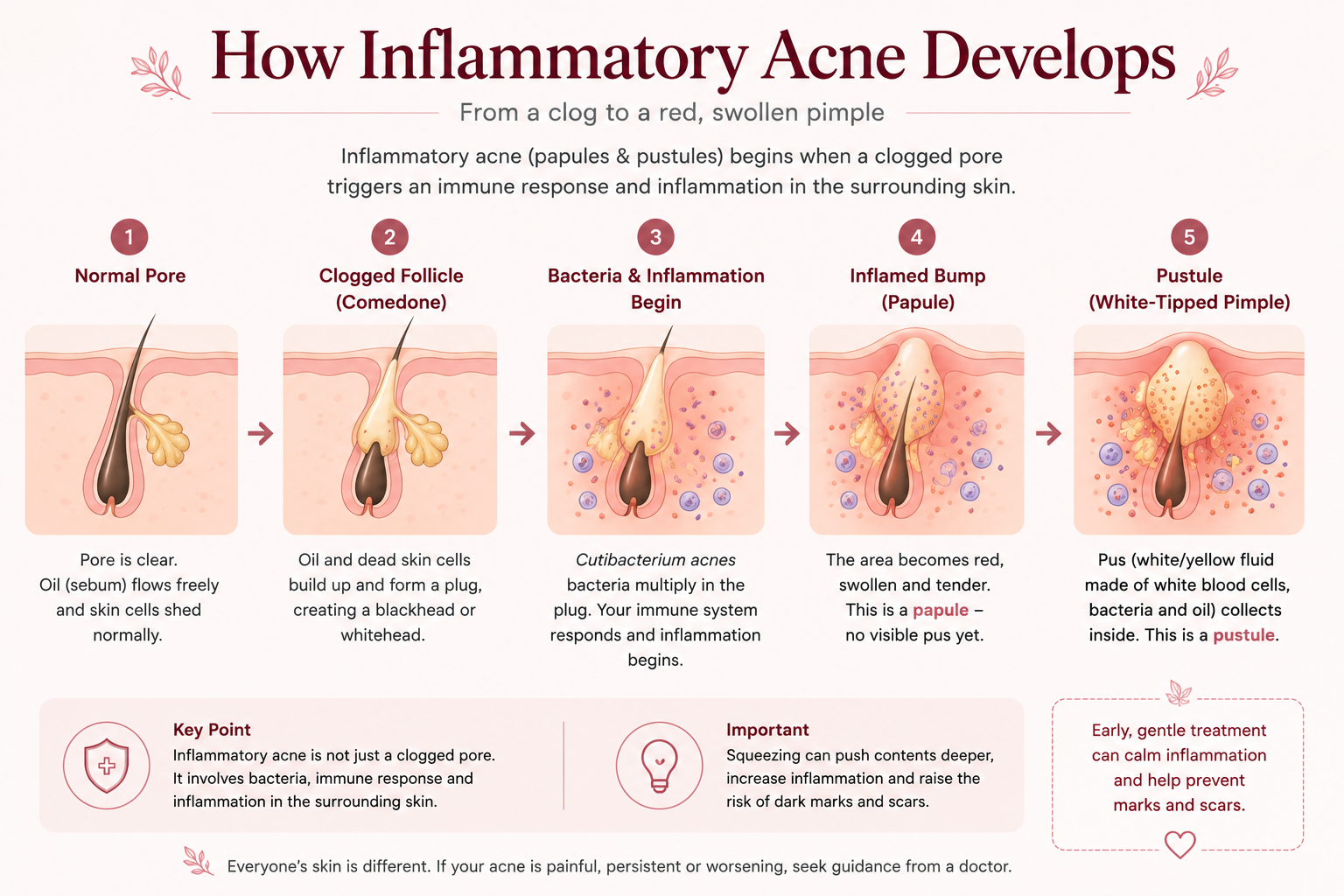 Medical illustration showing how inflammatory acne develops from a clogged pore