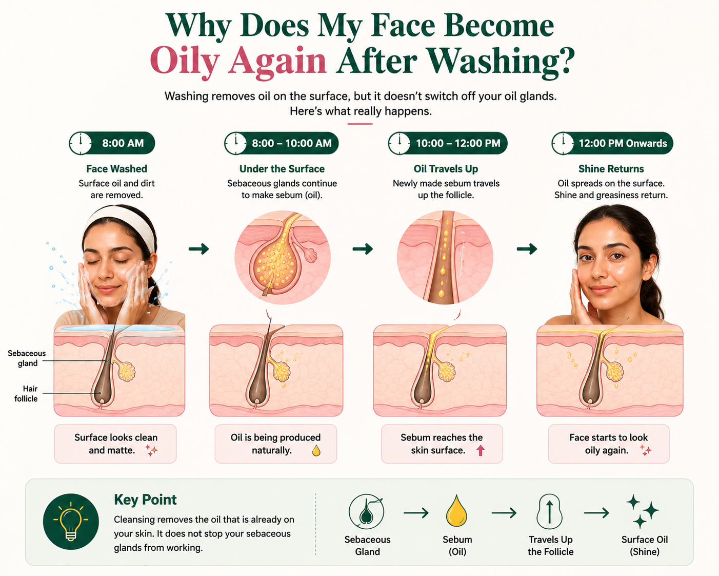 Diagram showing how sebaceous glands continue producing sebum after face washing, causing facial oil and shine to return.