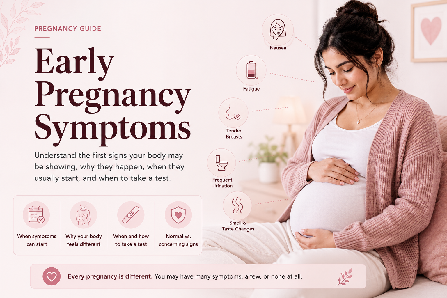 Early pregnancy symptoms guide showing common signs including nausea fatigue tender breasts and frequent urination