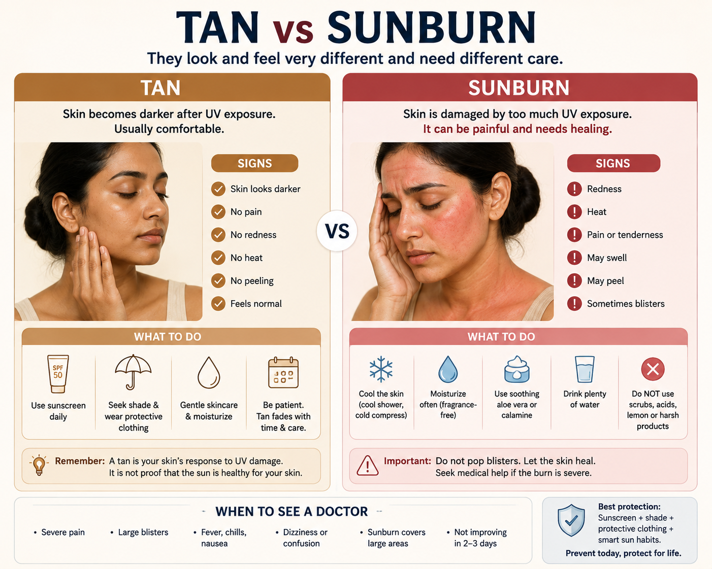 Difference between sun tan and sunburn showing darker tanned skin versus red, painful and peeling sunburned skin