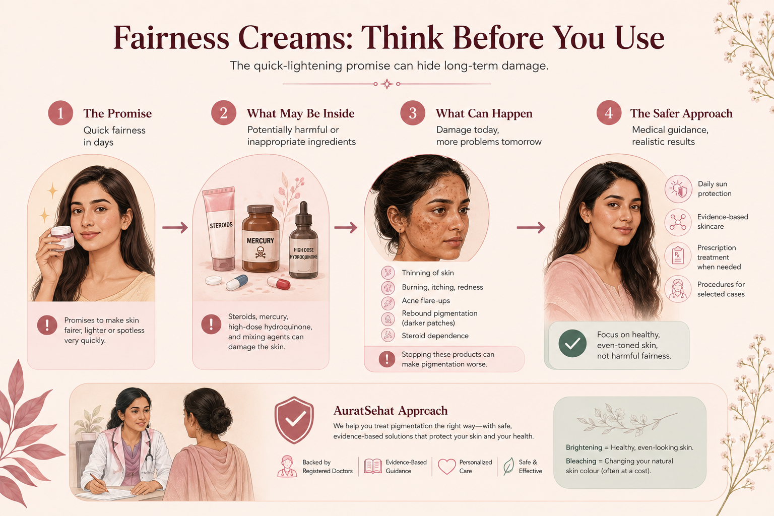 Fairness cream safety pathway showing risks of inappropriate skin lightening products