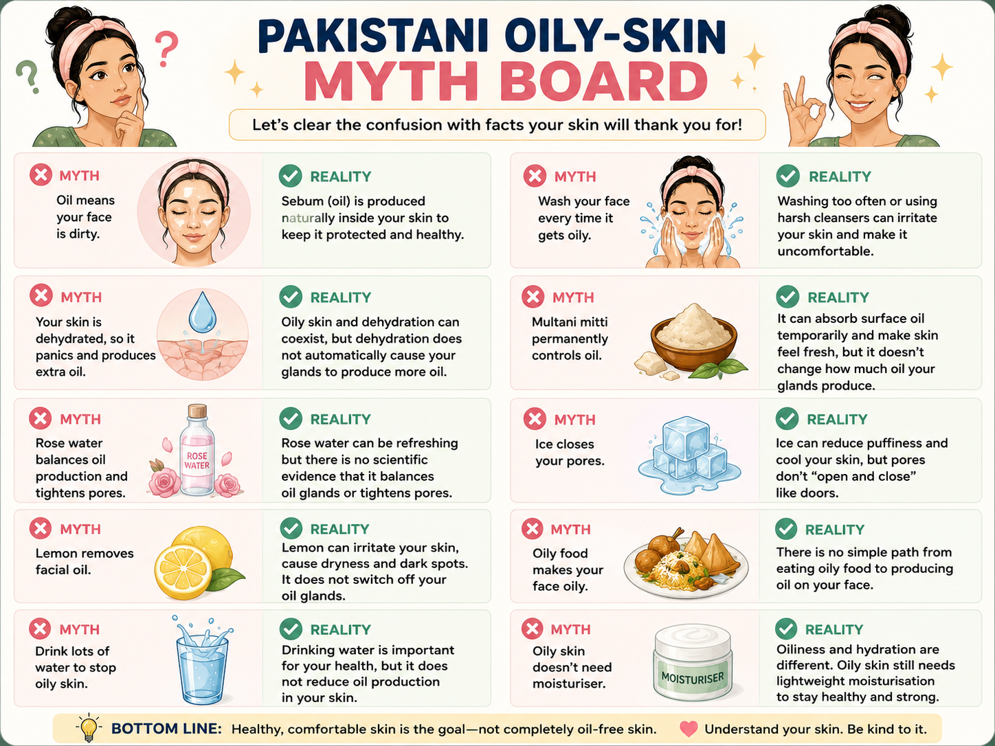 Oily skin myth guide explaining common beliefs about washing, dehydration, Multani mitti, rose water, ice, lemon, oily food, water intake and moisturiser.