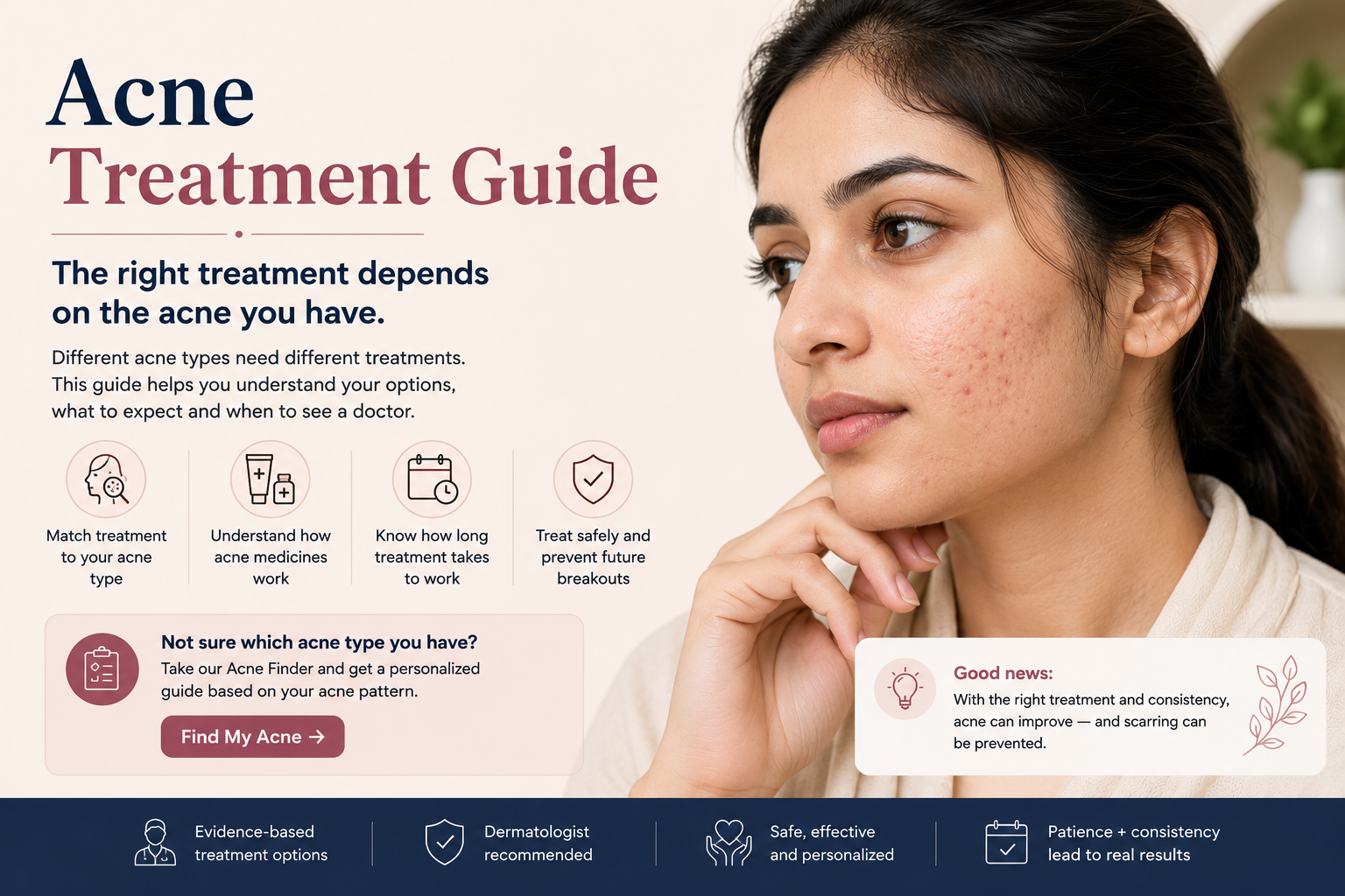 Acne treatment guide showing how treatment depends on acne type