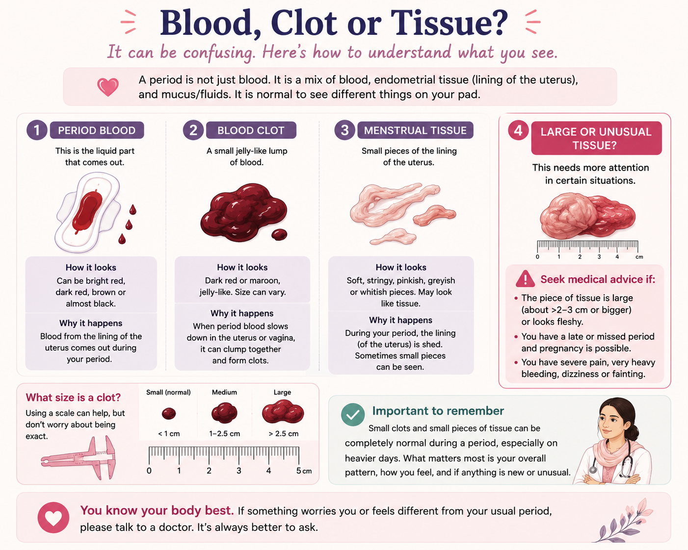 Difference between menstrual blood blood clots and menstrual tissue