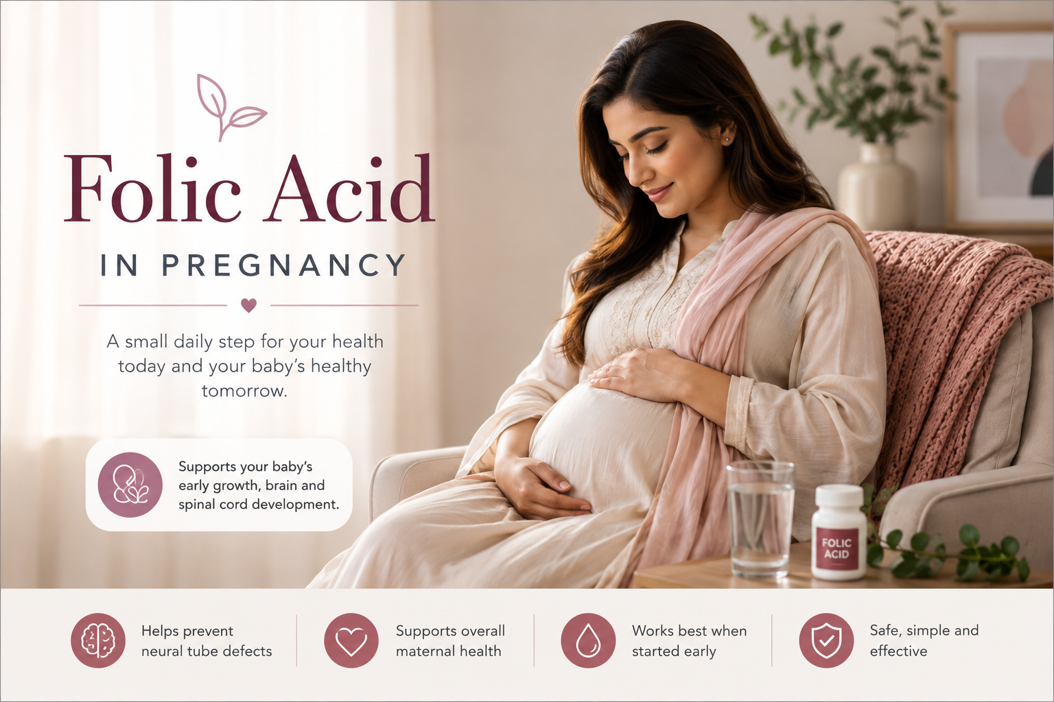 Folic acid in pregnancy guide showing a pregnant woman and the role of folic acid in early pregnancy