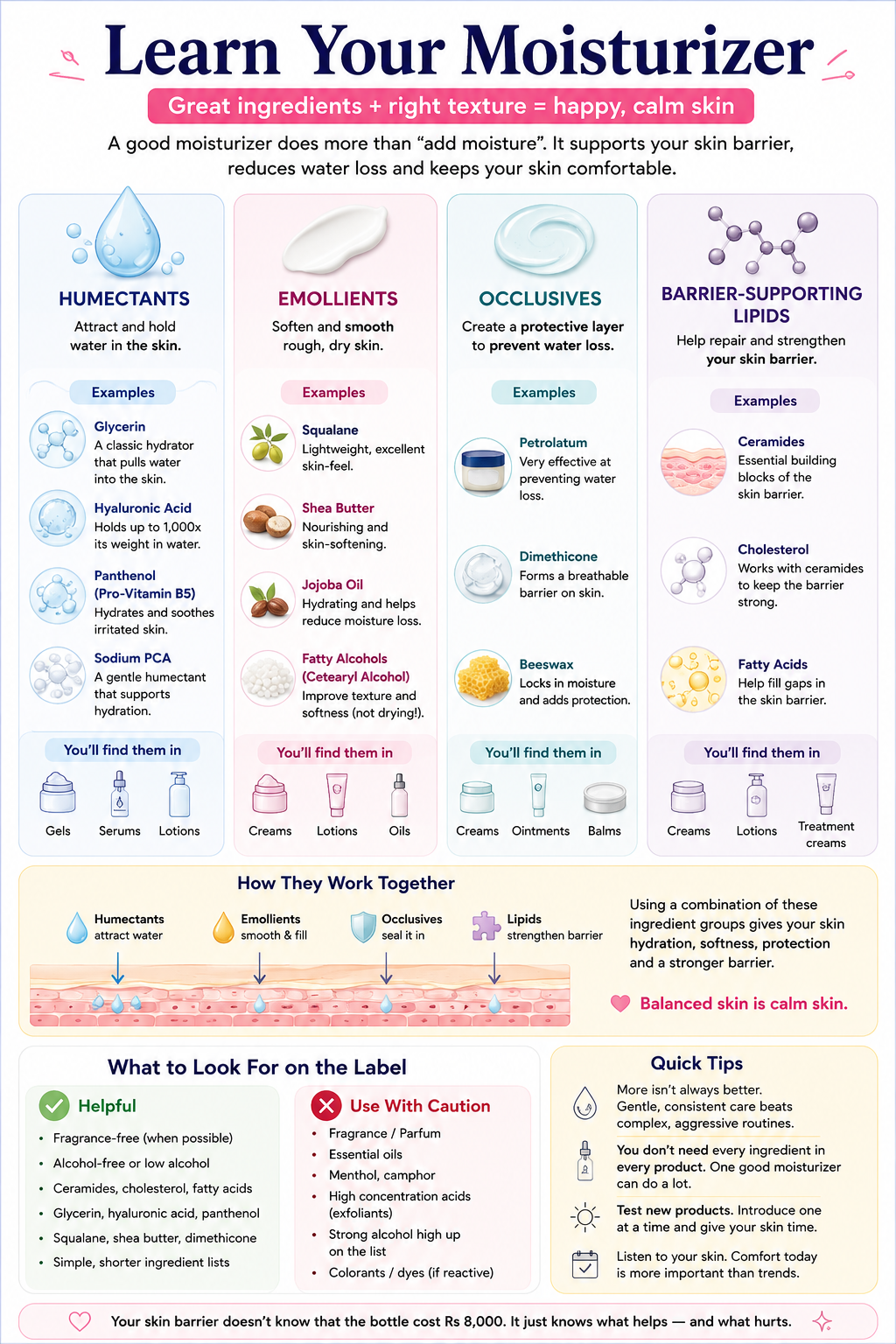 Moisturizer ingredient guide for sensitive skin explaining humectants, emollients, occlusives and barrier-supporting lipids such as glycerin, petrolatum and ceramides.