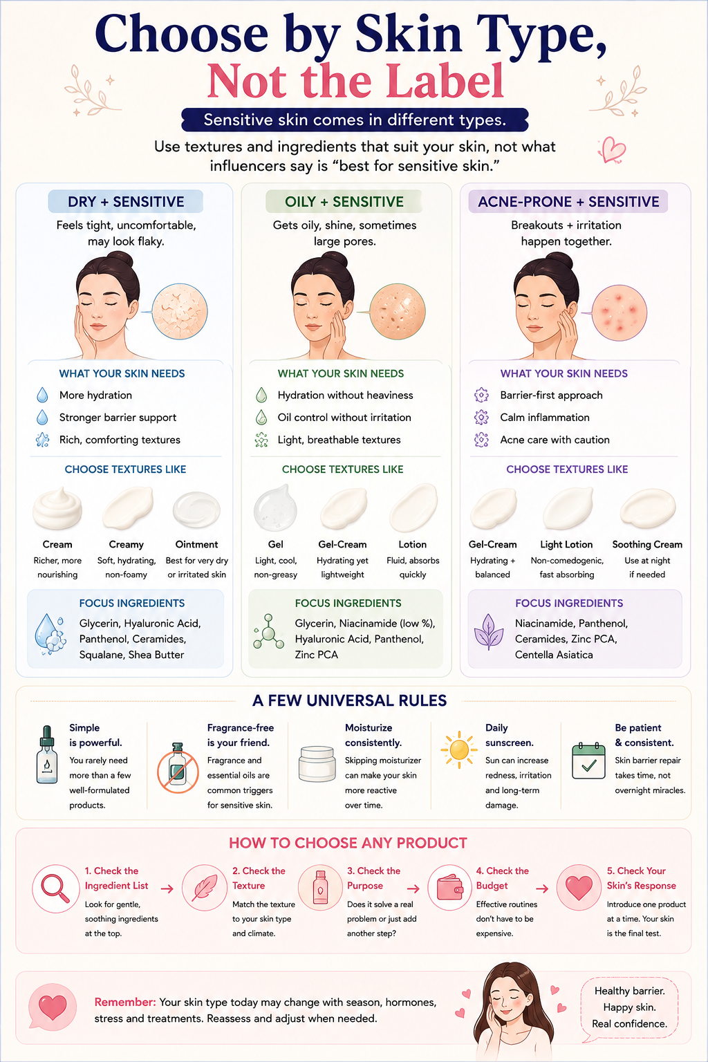 Sensitive skincare guide comparing dry sensitive, oily sensitive and acne-prone sensitive skin with suitable moisturizer textures and ingredients.