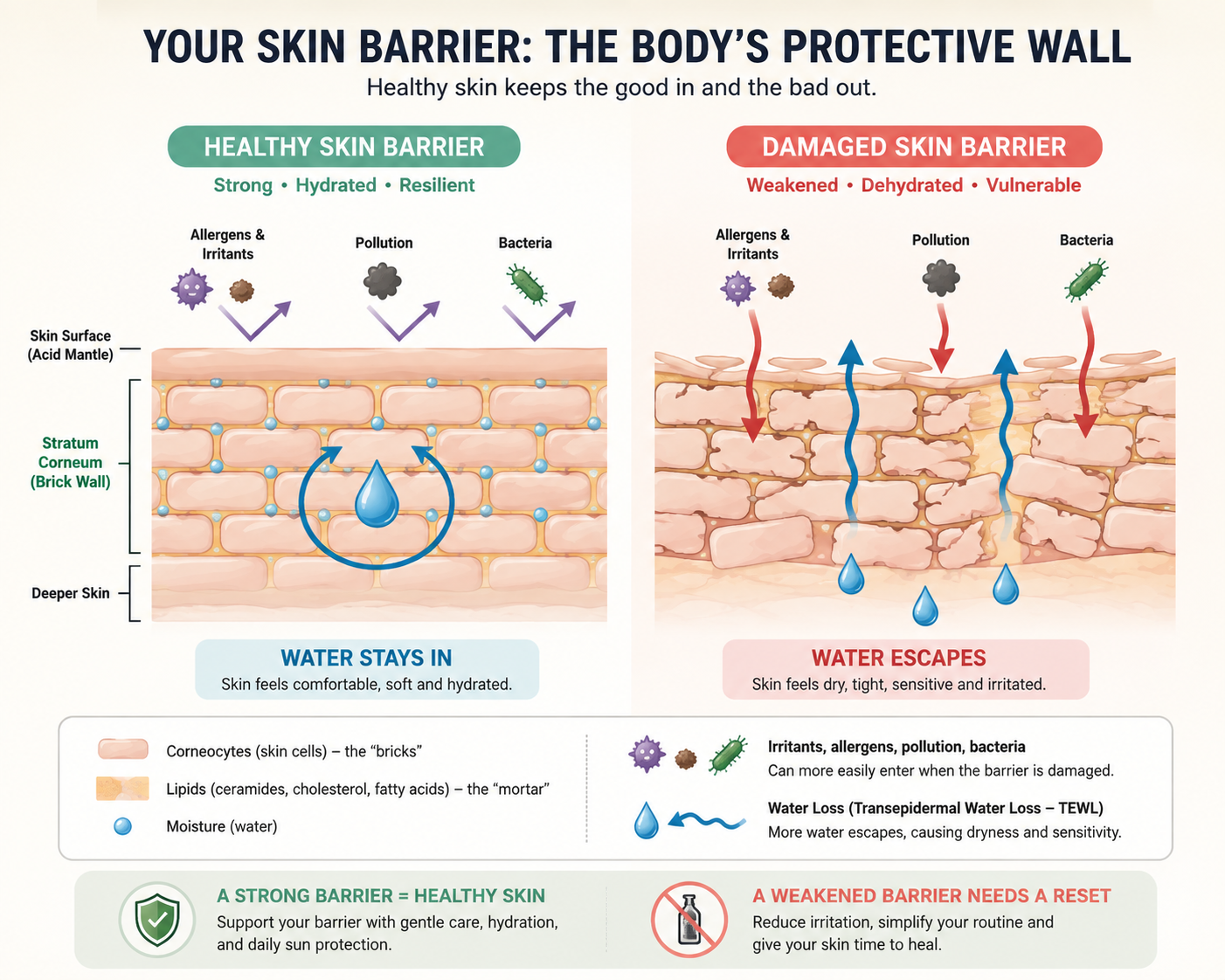 Healthy vs damaged skin barrier showing moisture loss, irritant entry and the role of ceramides and skin lipids
