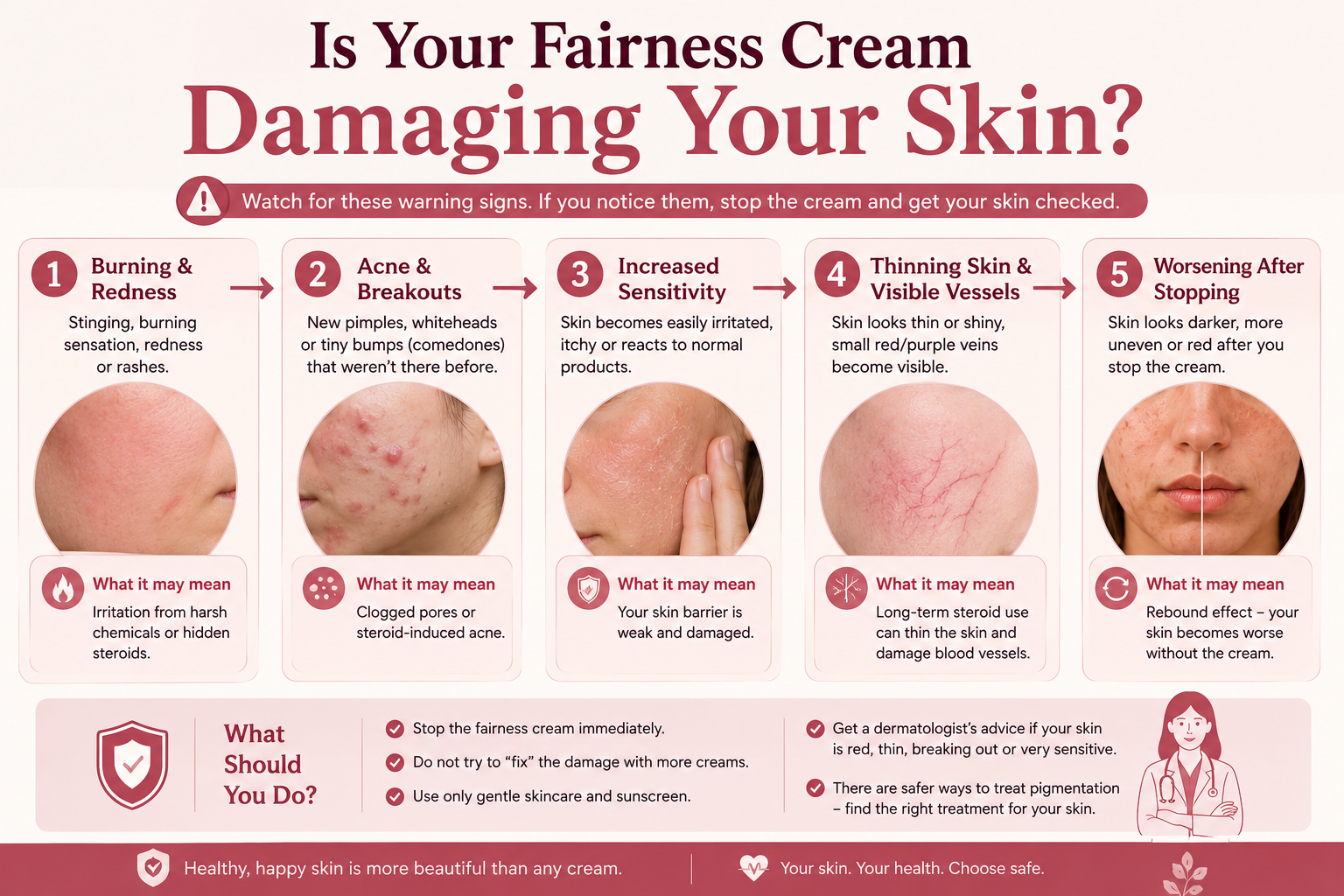 Warning signs that a fairness cream may be damaging the skin including redness acne sensitivity thinning and visible vessels