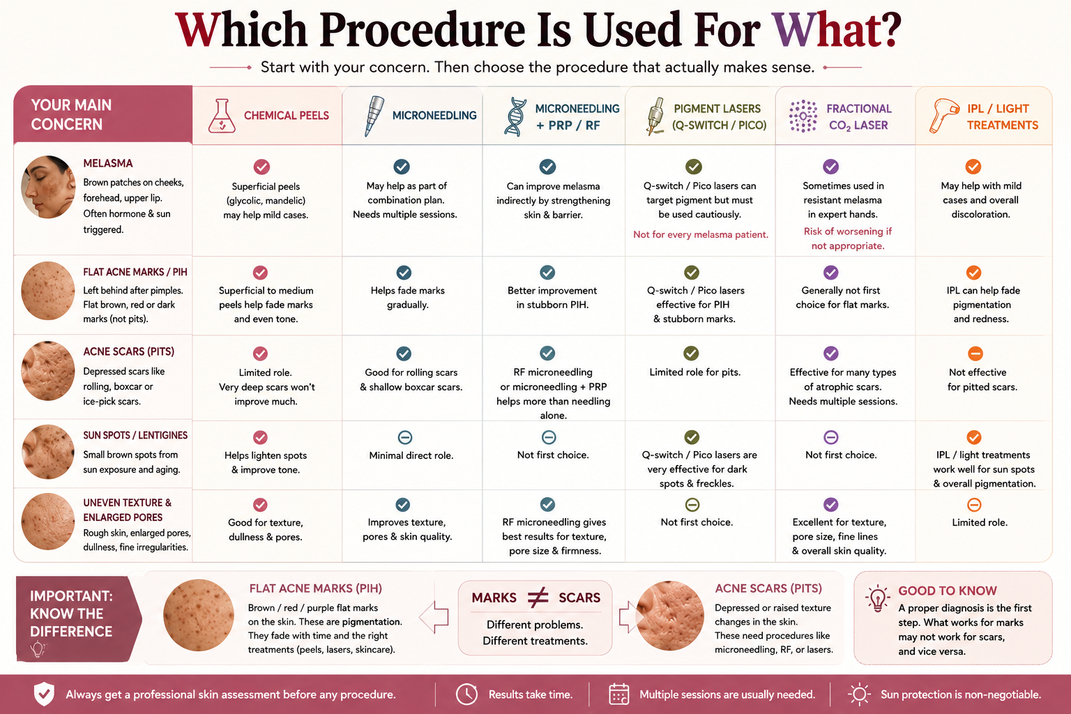 Skin procedures used for melasma, acne marks, acne scars, sun spots and uneven texture