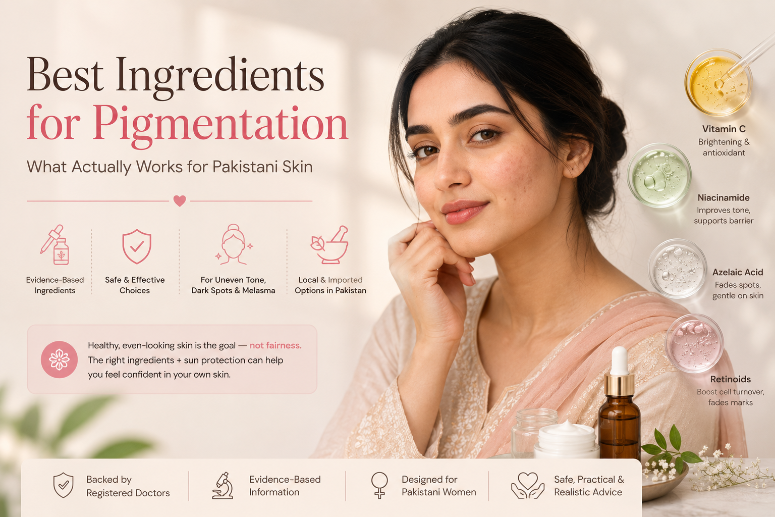 Best ingredients for pigmentation in Pakistani skin including vitamin C, niacinamide, azelaic acid and retinoids