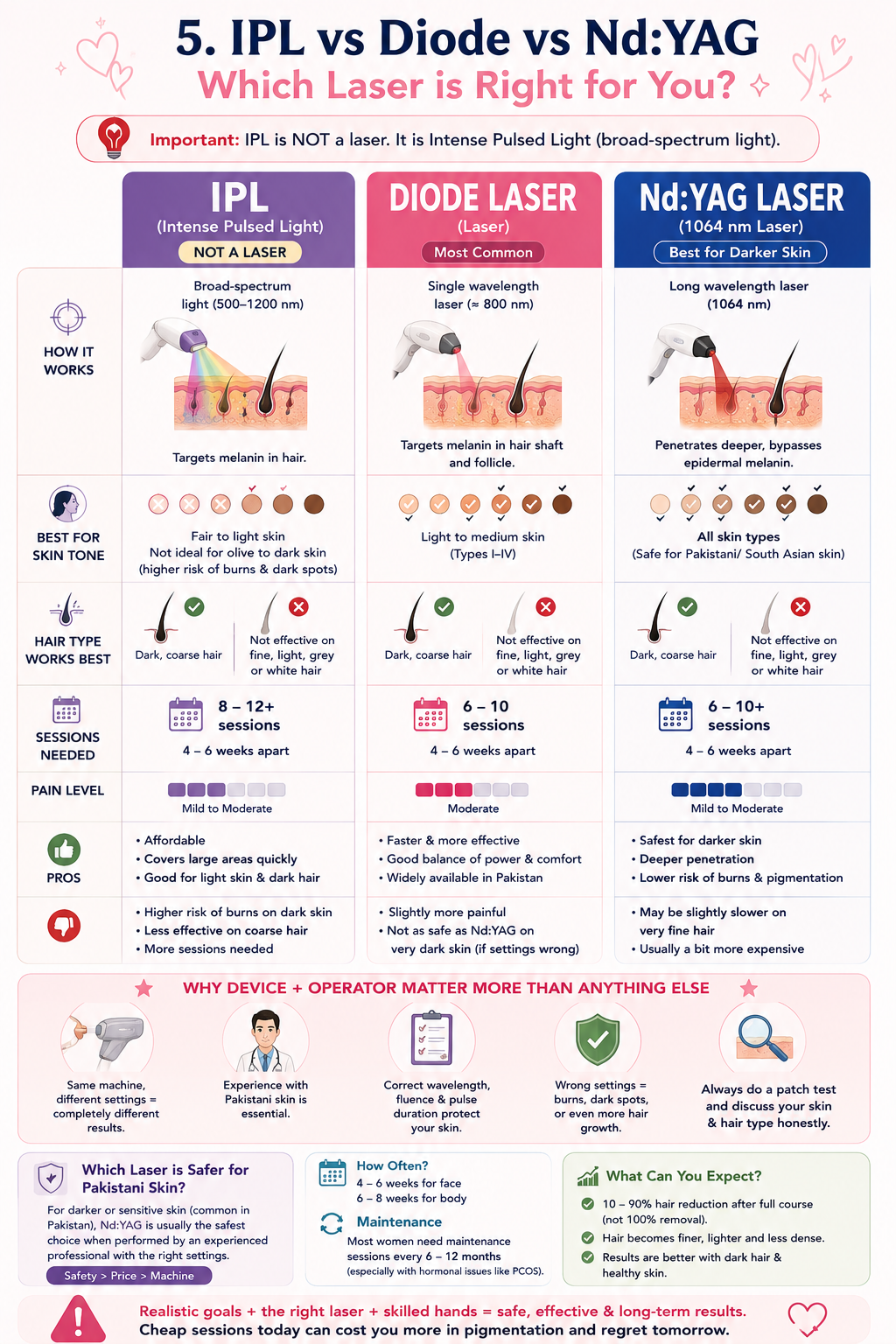 IPL vs diode laser vs Nd:YAG laser for hair removal, including differences for darker Pakistani and South Asian skin