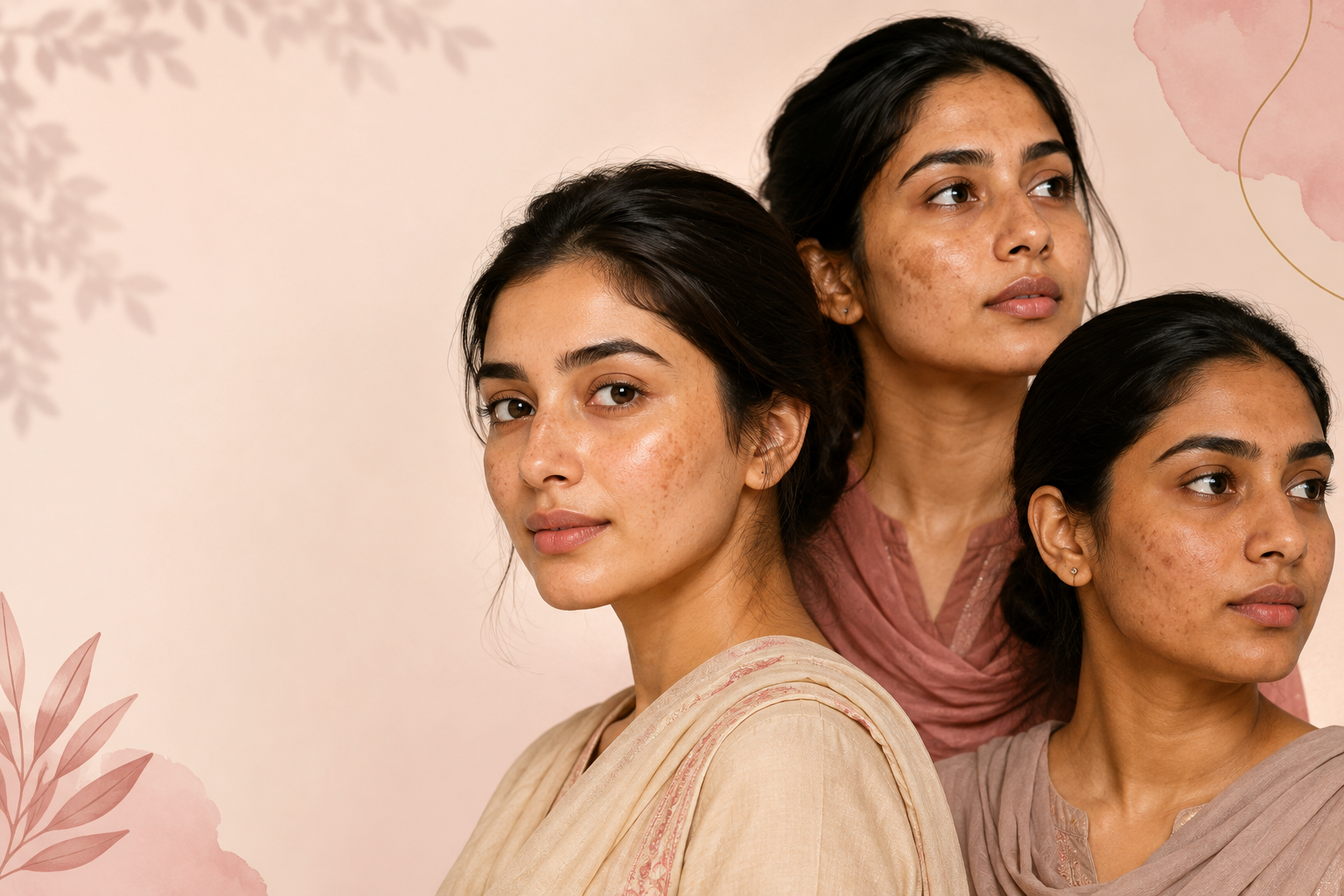 South Asian women with different natural skin tones and facial hyperpigmentation