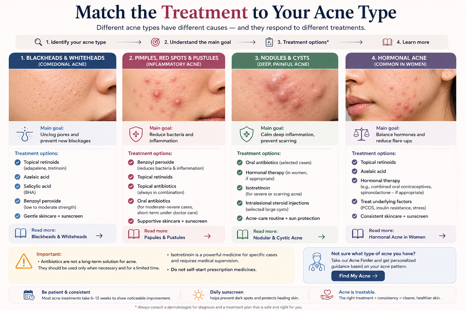 Matching acne treatment to blackheads whiteheads inflammatory acne hormonal acne and deep acne
