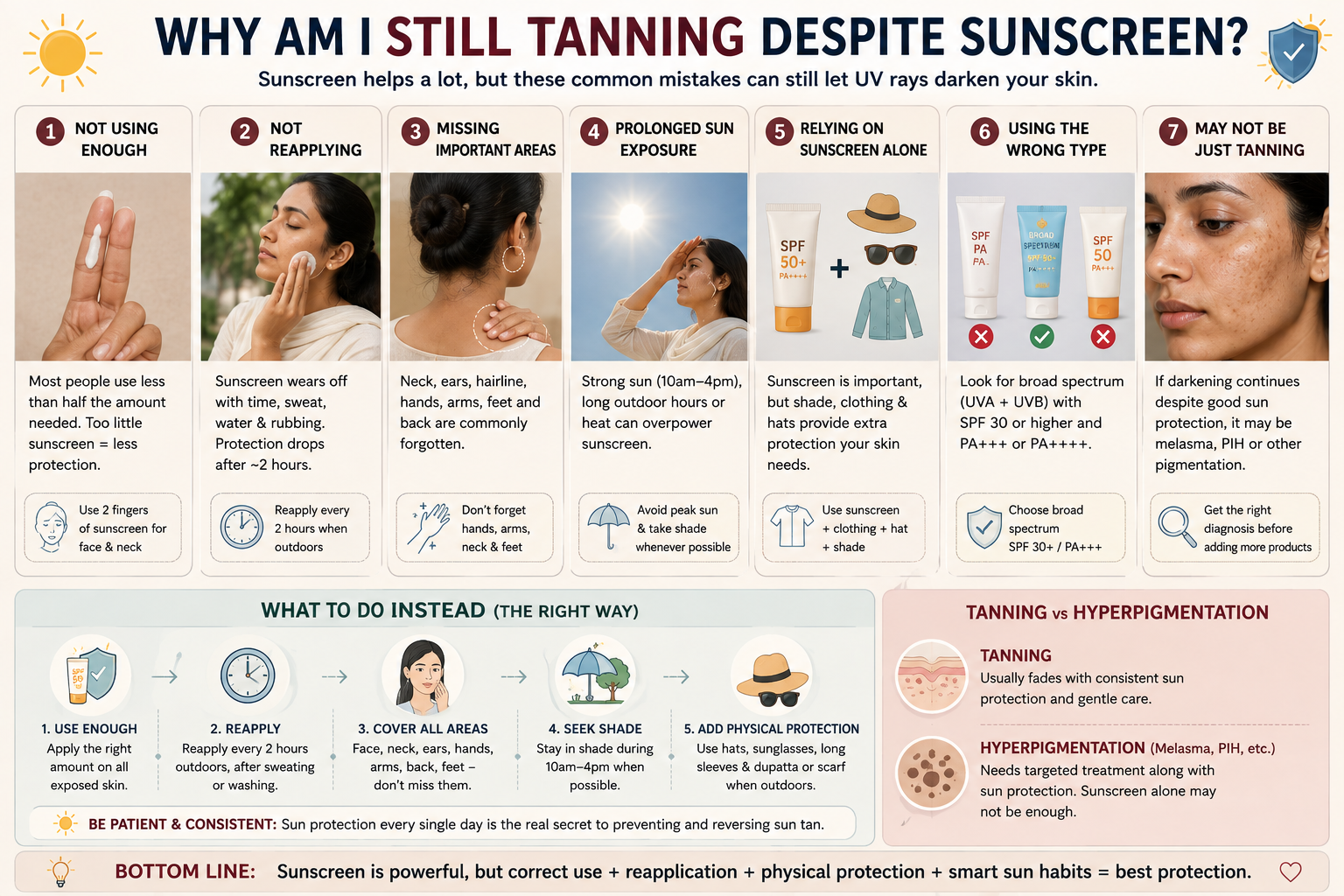 Common reasons skin keeps tanning despite sunscreen, including too little sunscreen, missed areas and no reapplication