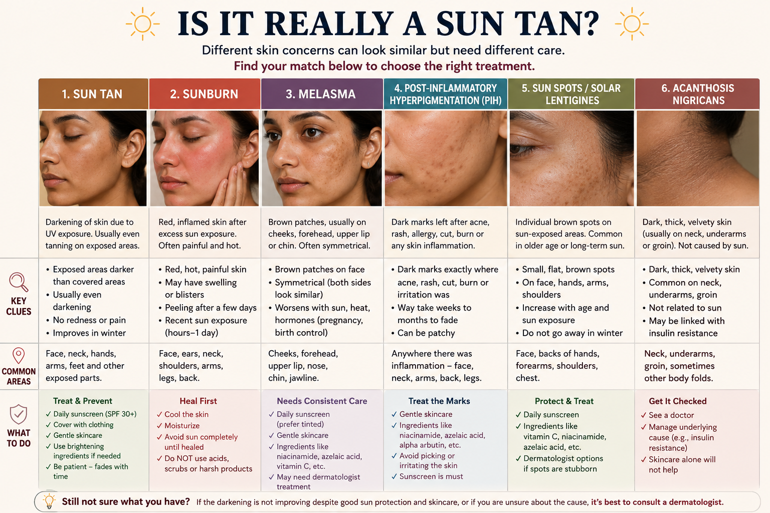 Visual comparison of sun tan, sunburn, melasma, post-inflammatory pigmentation, sun spots and acanthosis nigricans