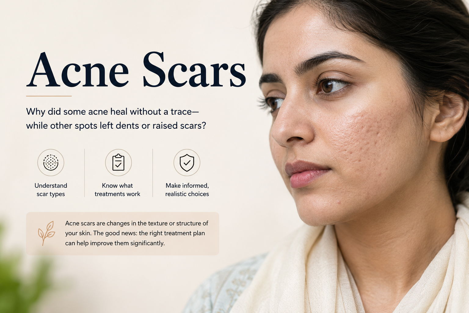 Woman with realistic acne scars on the cheek