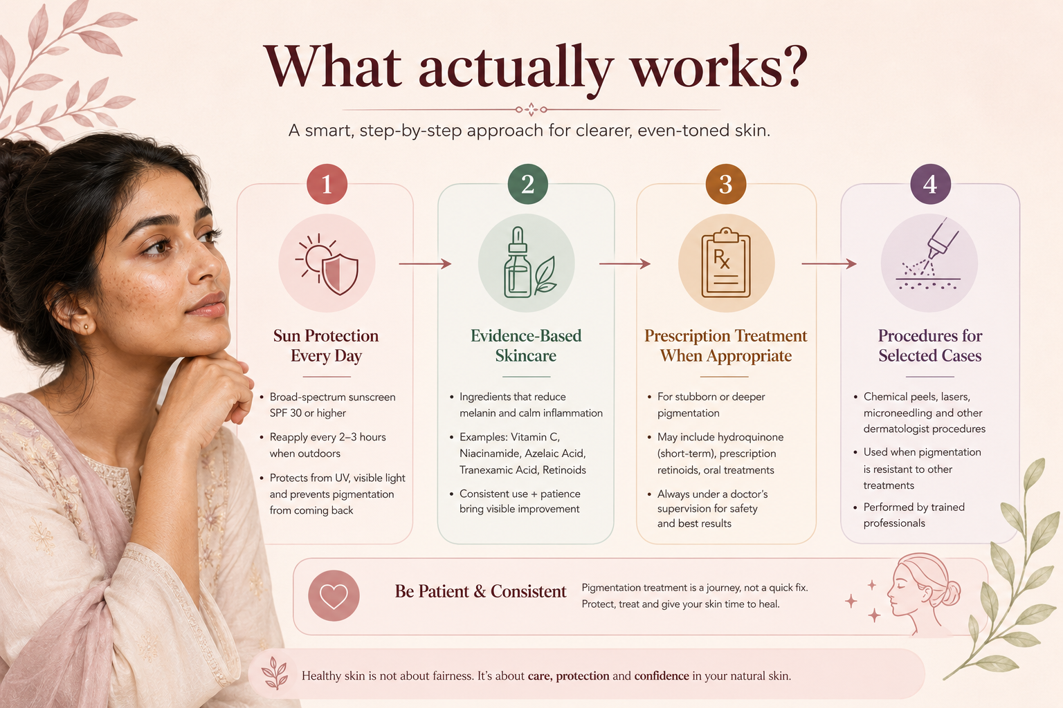 Evidence based pigmentation treatment pathway from sun protection to skincare prescription treatment and procedures