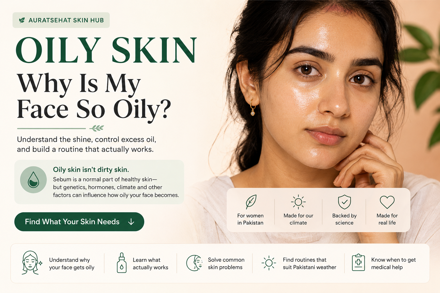 Pakistani woman with oily facial skin introducing the AuratSehat guide to understanding and managing oily skin.