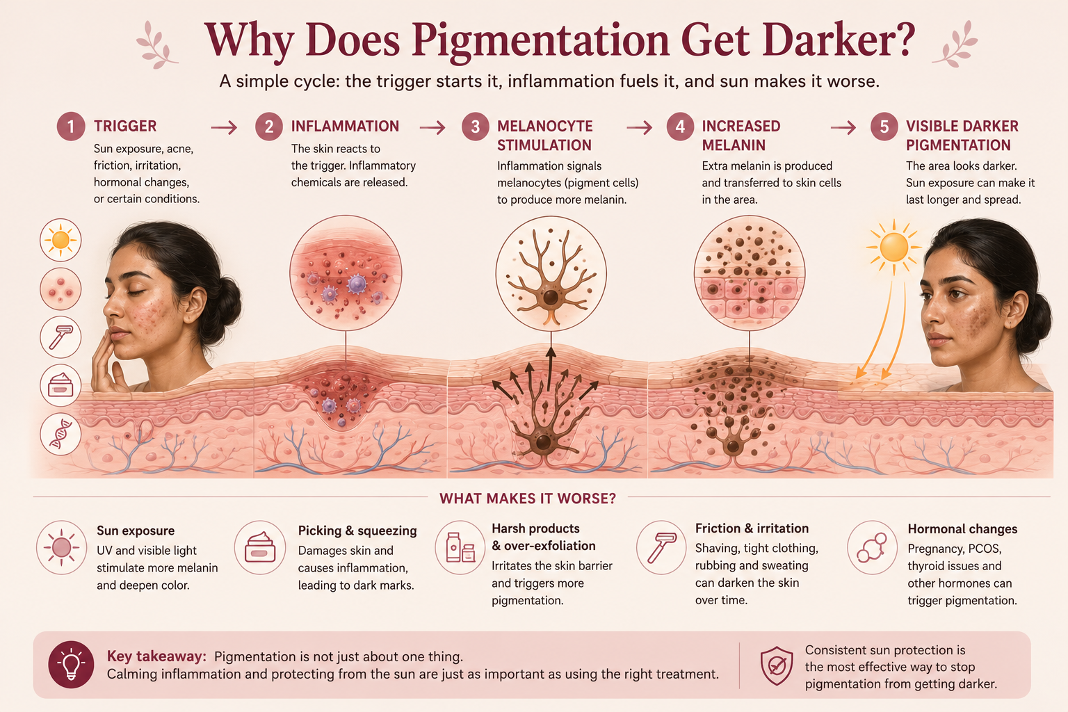How sun exposure, inflammation and melanocyte stimulation can lead to increased melanin and darker pigmentation