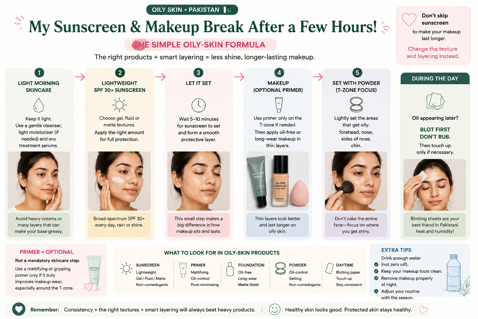 Oily skin makeup routine showing lightweight sunscreen, optional primer, thin makeup layers, T-zone powder and blotting.