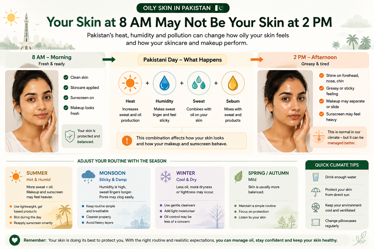 Illustration showing how heat, humidity, sweat and sebum can make oily skin, sunscreen and makeup feel different from morning to afternoon in Pakistan.