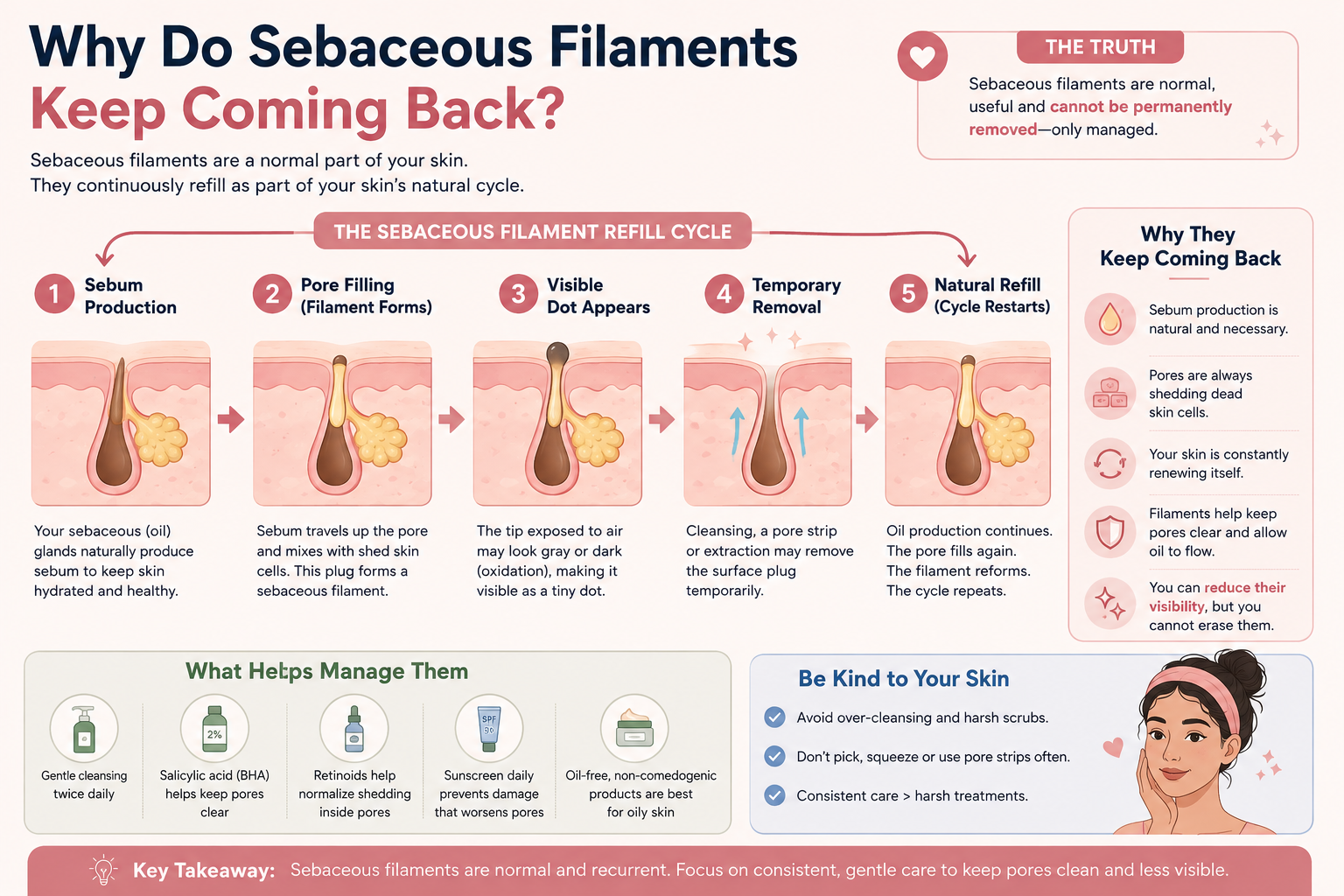 Sebaceous filament refill cycle showing sebum production, pore filling, a visible dot, temporary removal and natural refilling of the pore.