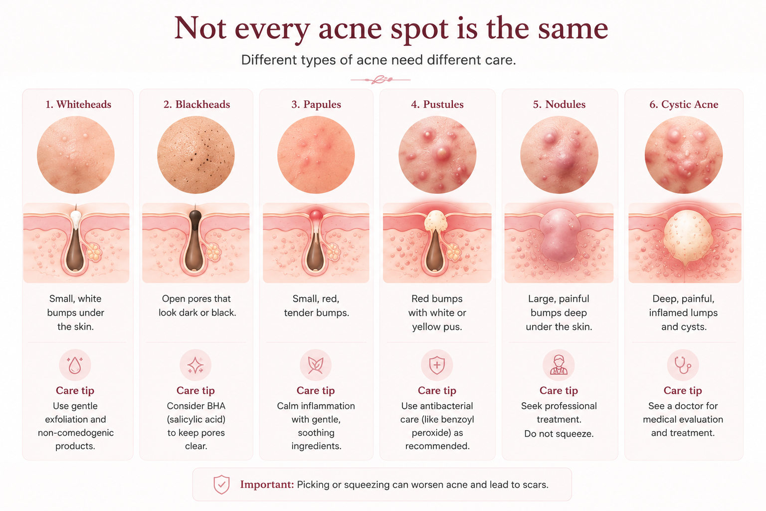 Common acne types including whiteheads blackheads papules pustules nodules and cystic acne