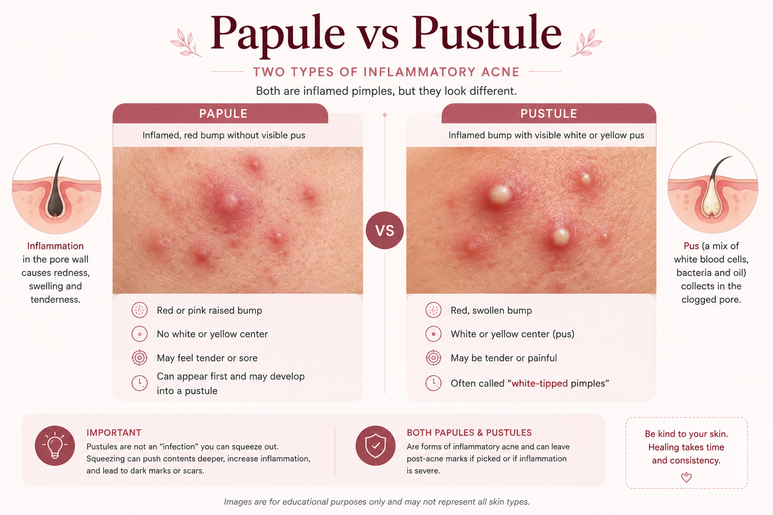 Papule versus pustule comparison showing common inflammatory acne lesions