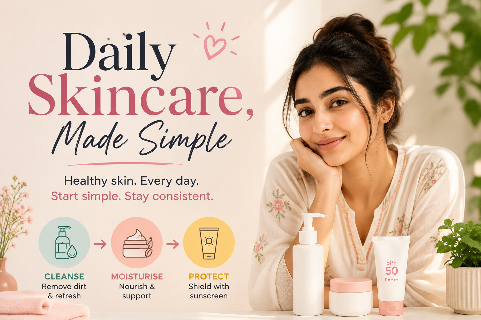 Daily skincare made simple for Pakistani women with cleanser, moisturiser and sunscreen.