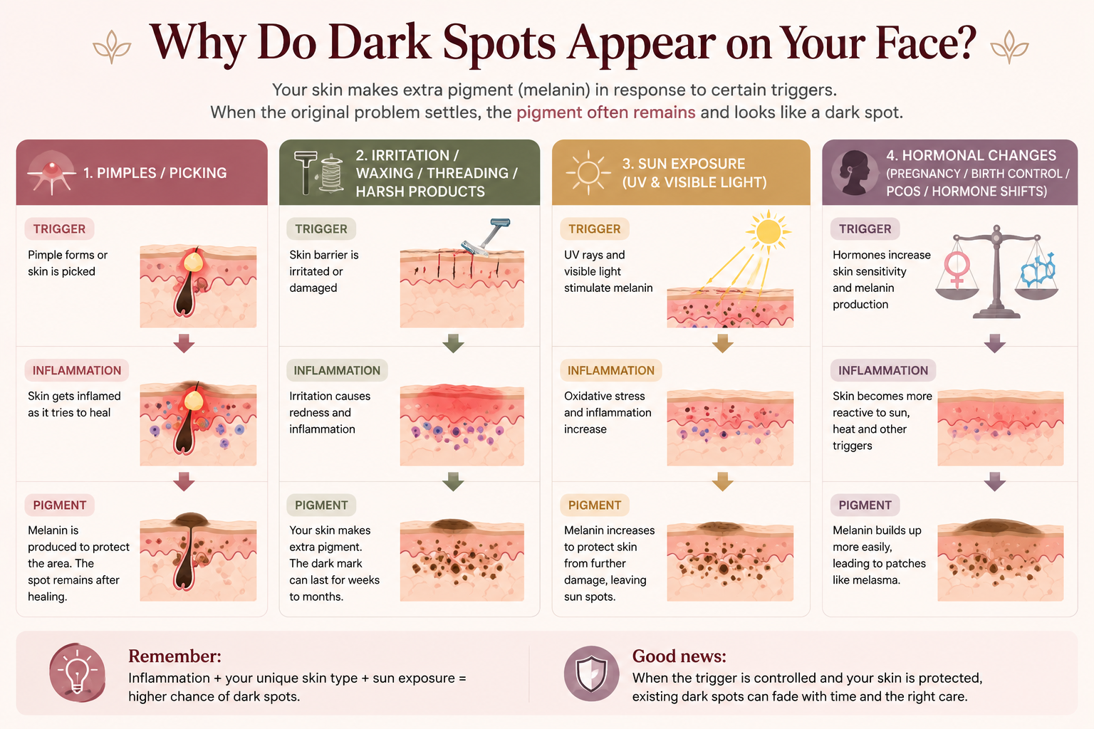 How pimples irritation sunlight and hormonal changes can lead to facial dark spots