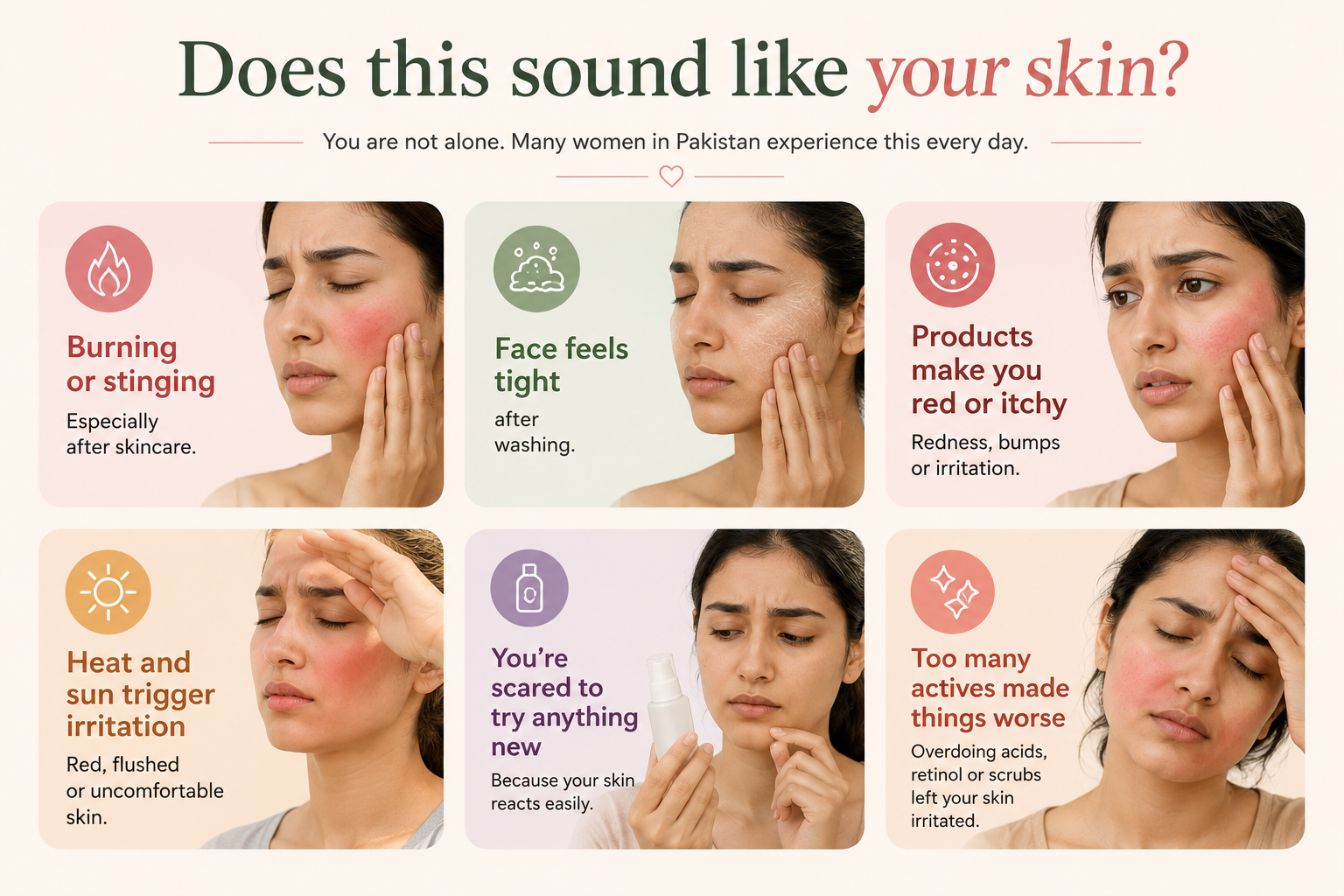 Common signs of sensitive skin including burning, tightness, redness, itching, heat irritation and reactions to skincare products.