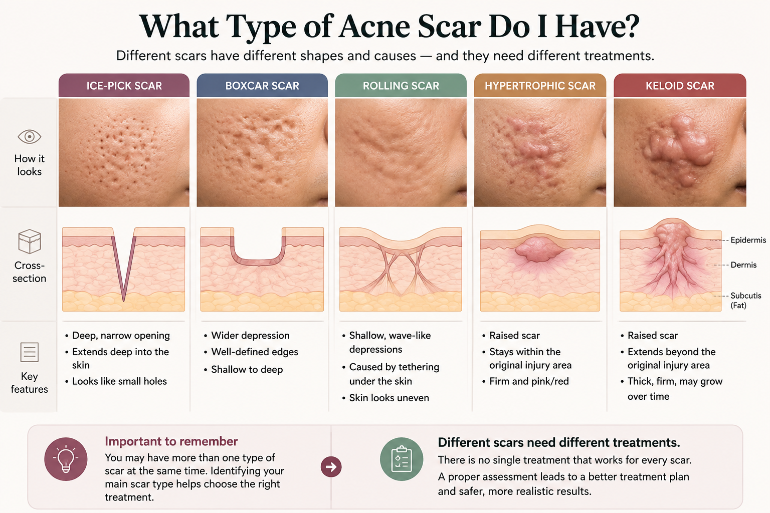 Ice pick boxcar rolling hypertrophic and keloid acne scar types