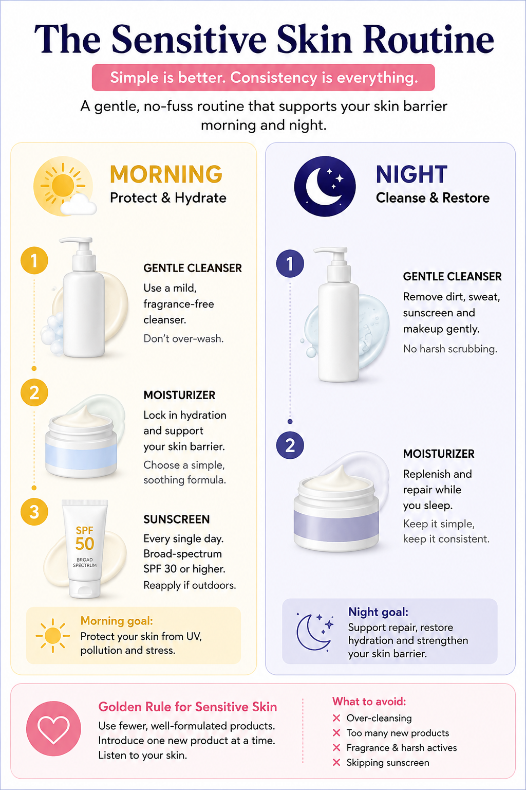 Simple morning and night skincare routine for sensitive skin showing gentle cleanser, moisturizer and daily broad-spectrum sunscreen.