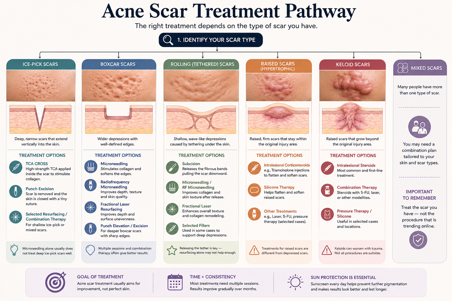 Acne scar treatment pathway by scar type