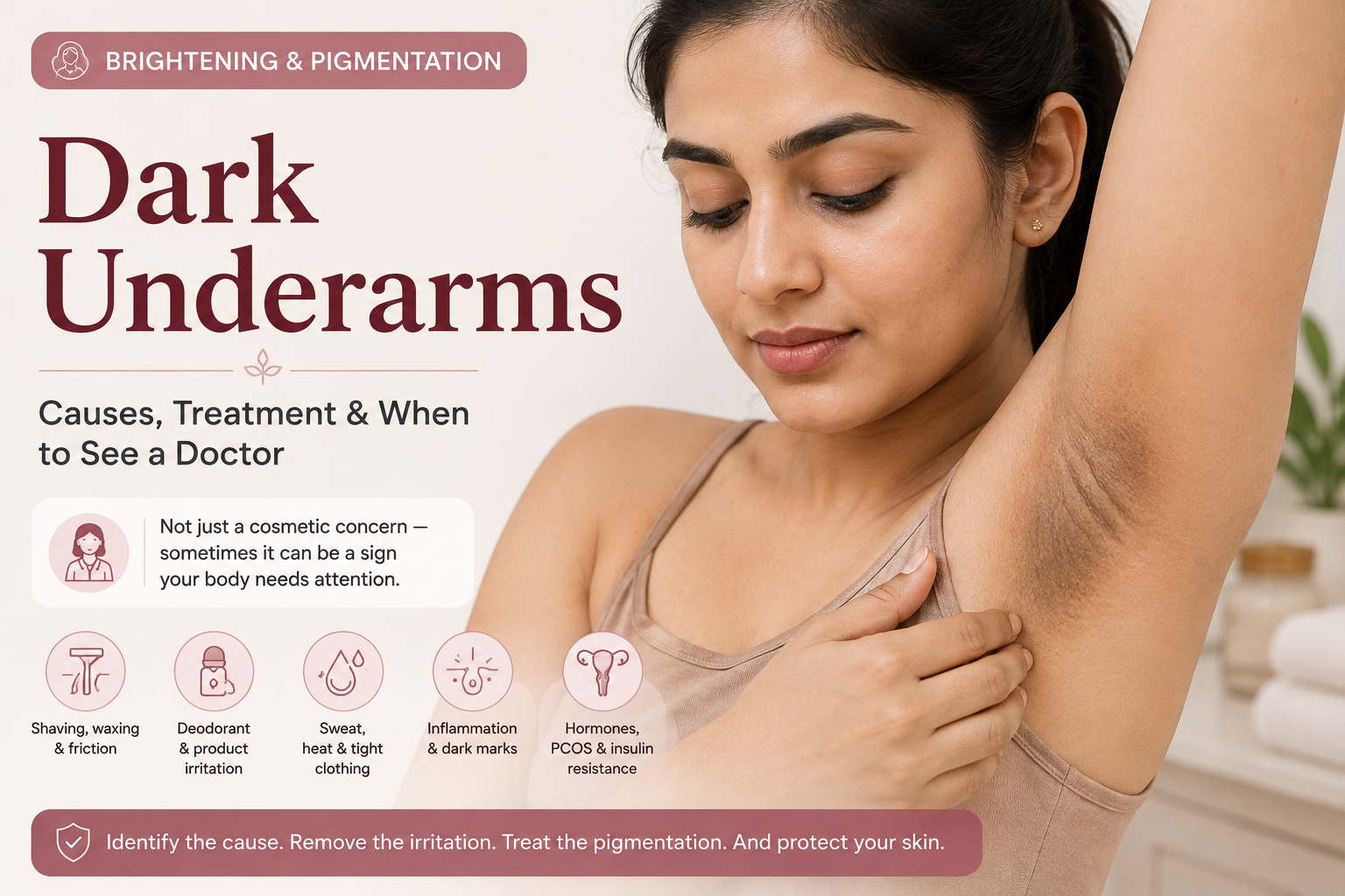 South Asian woman with dark underarms and underarm pigmentation