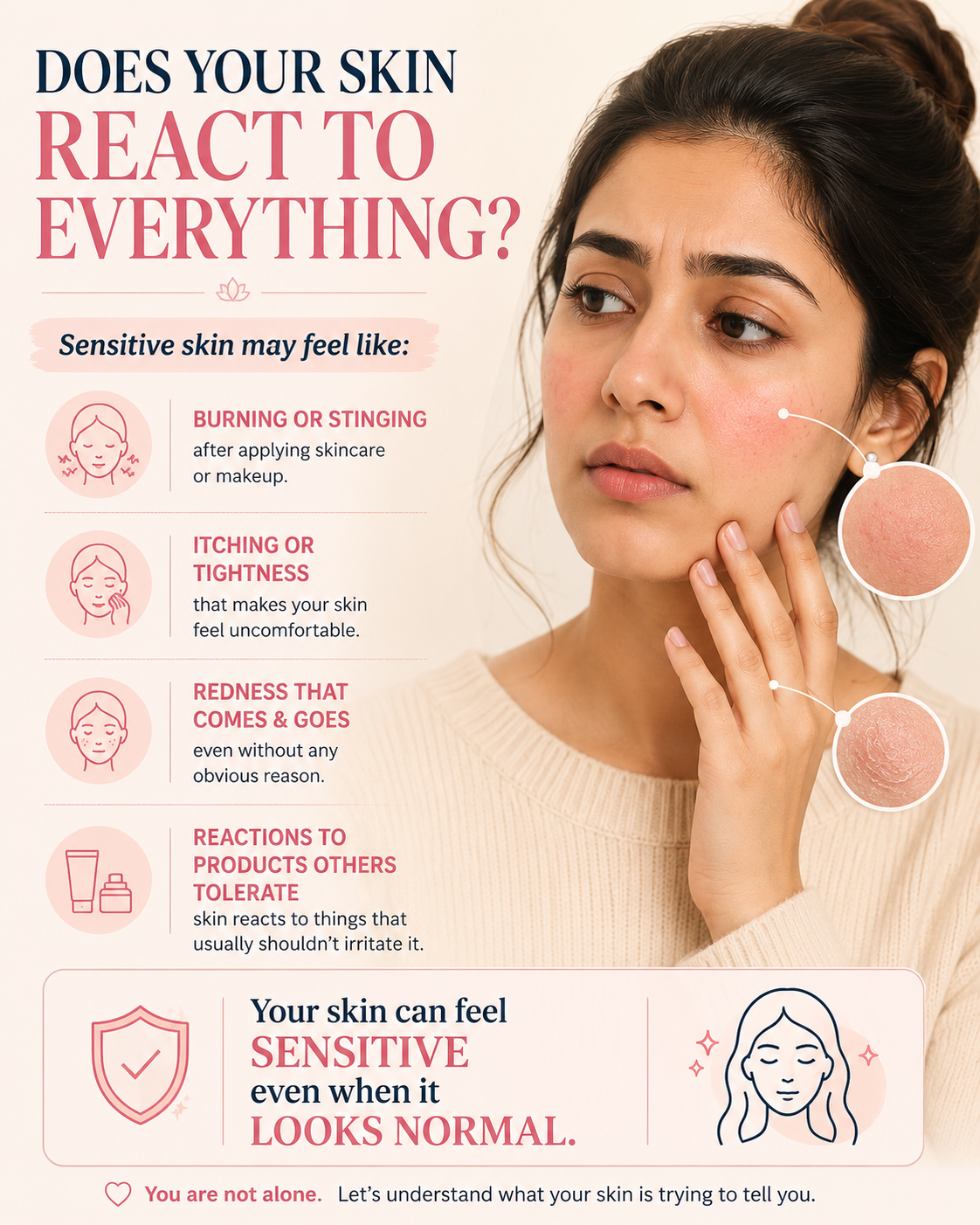 Woman with sensitive facial skin showing common symptoms including burning, stinging, itching, tightness, redness and reactions to skincare products.