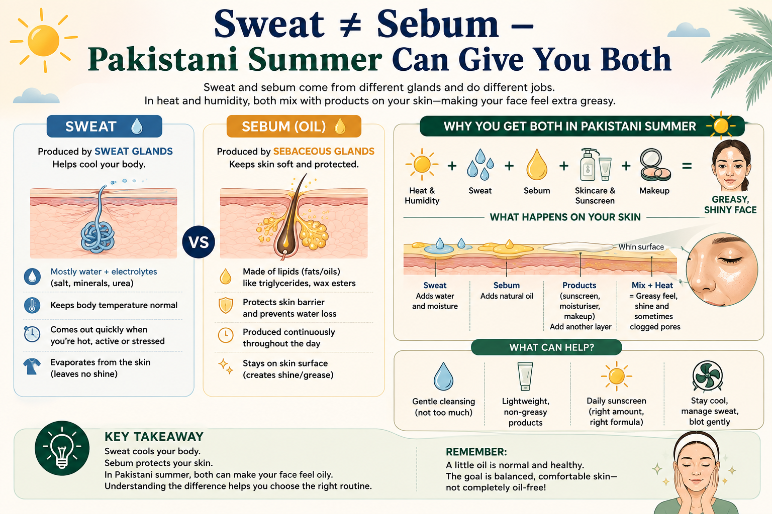 Diagram comparing sweat and sebum and showing how Pakistani summer heat, sweat, facial oil, sunscreen and skincare can make skin feel greasy.