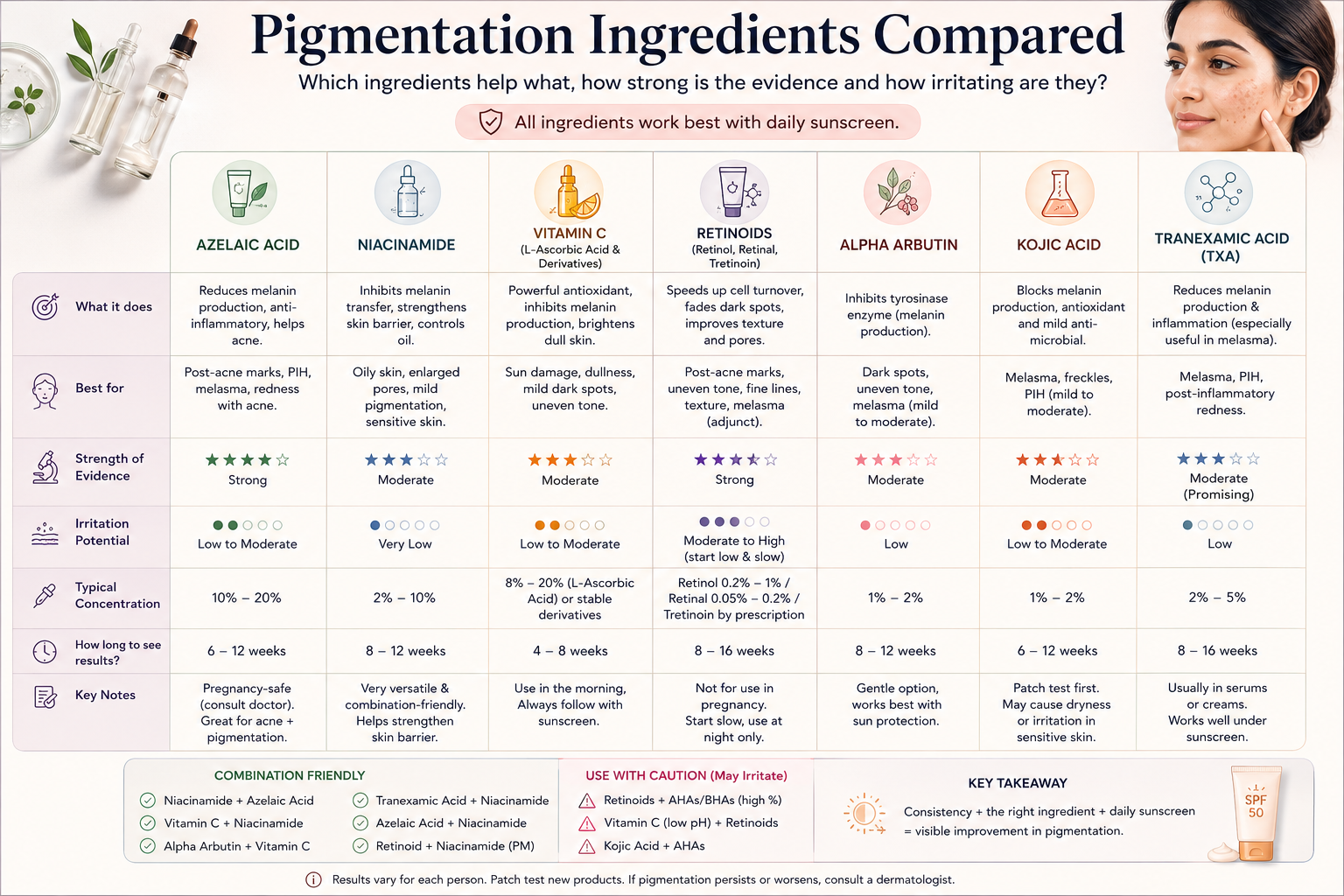 Comparison of azelaic acid, niacinamide, vitamin C, retinoids, alpha arbutin, kojic acid and tranexamic acid for pigmentation