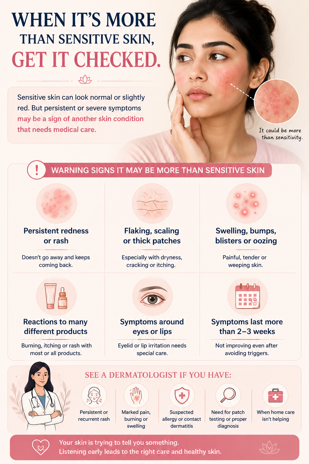 Warning signs that sensitive skin may need dermatologist evaluation, including persistent redness, scaling, swelling, blisters and recurring reactions to skincare products.