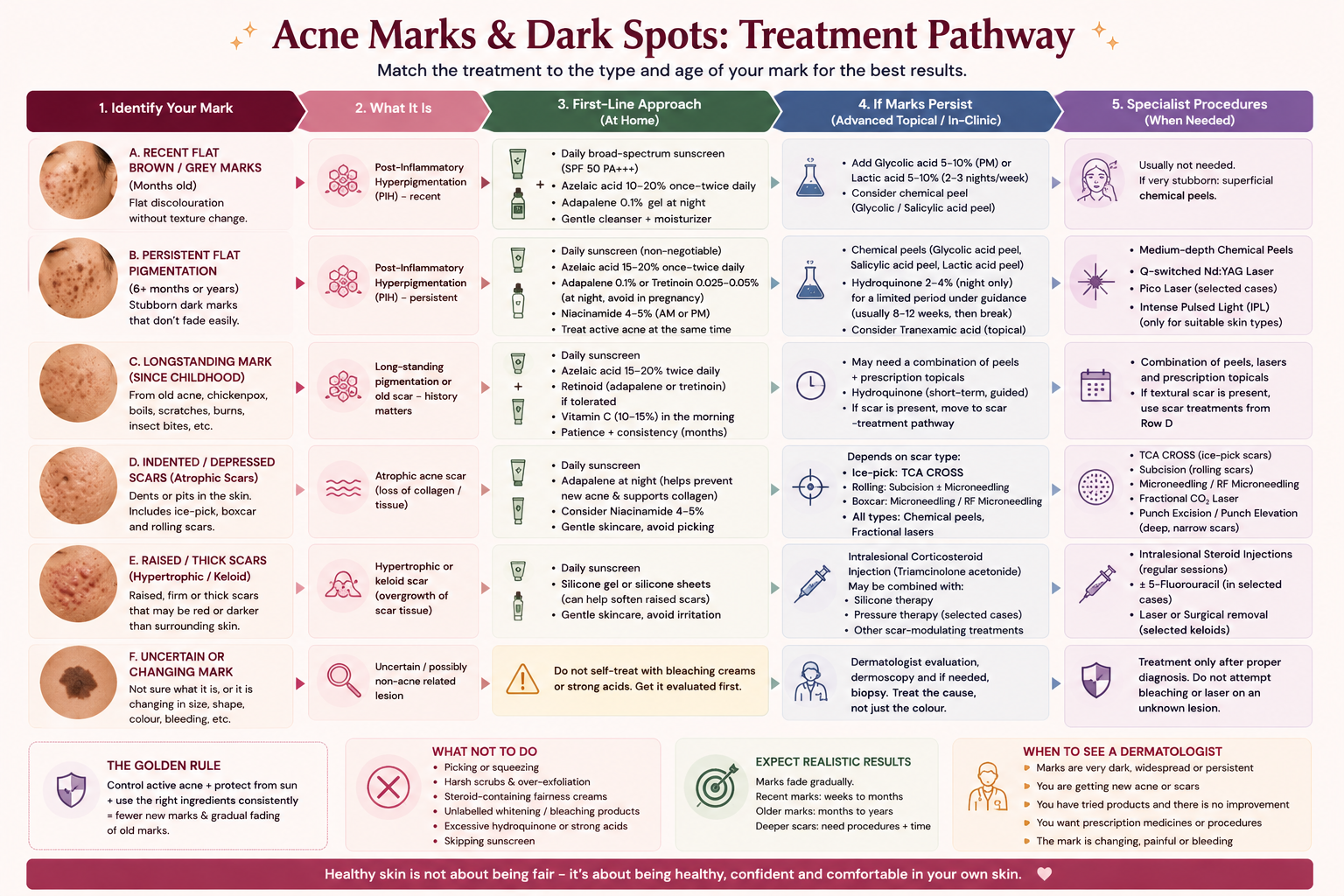 Treatment pathway for acne marks, dark spots and acne scars