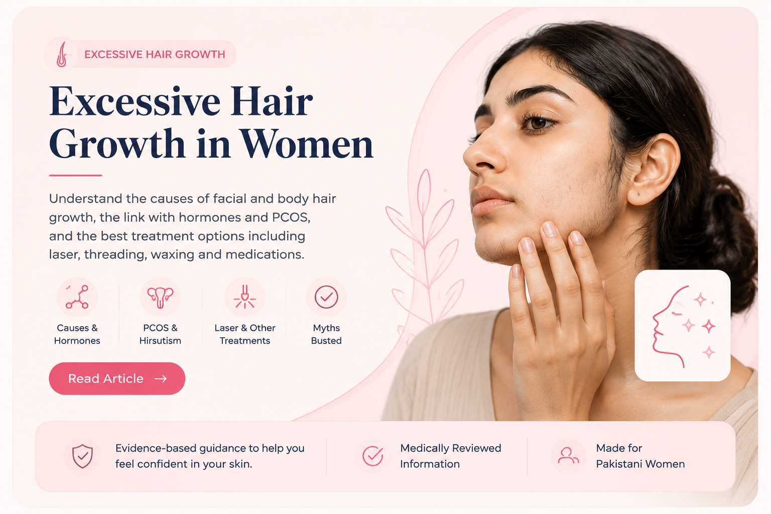Excessive hair growth in women including facial hair, hormonal causes, PCOS and treatment options