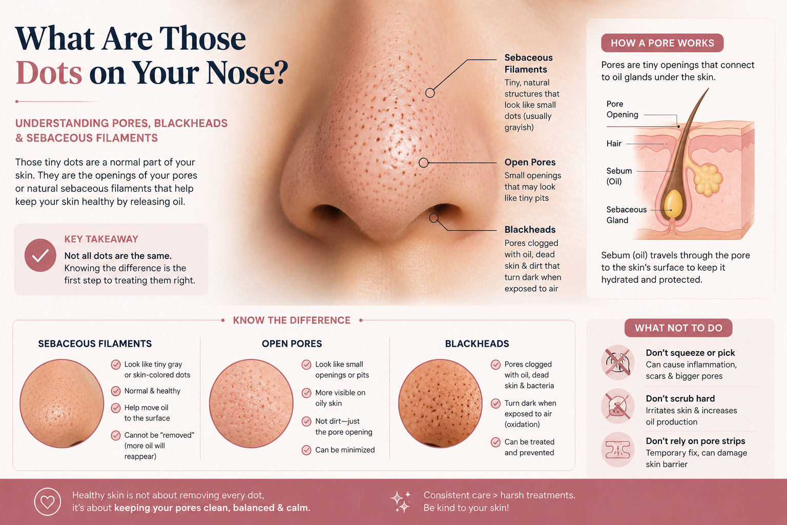 Illustration comparing sebaceous filaments, visible pores and blackheads on the nose and explaining how pores and sebaceous glands work.