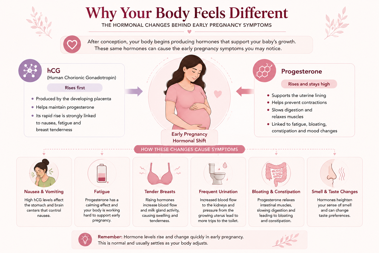 Early pregnancy hormone changes showing how hCG and progesterone contribute to common pregnancy symptoms