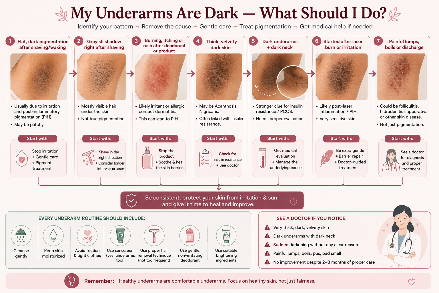 Decision guide for dark underarms showing irritation hair shadow acanthosis nigricans laser PIH and painful lumps