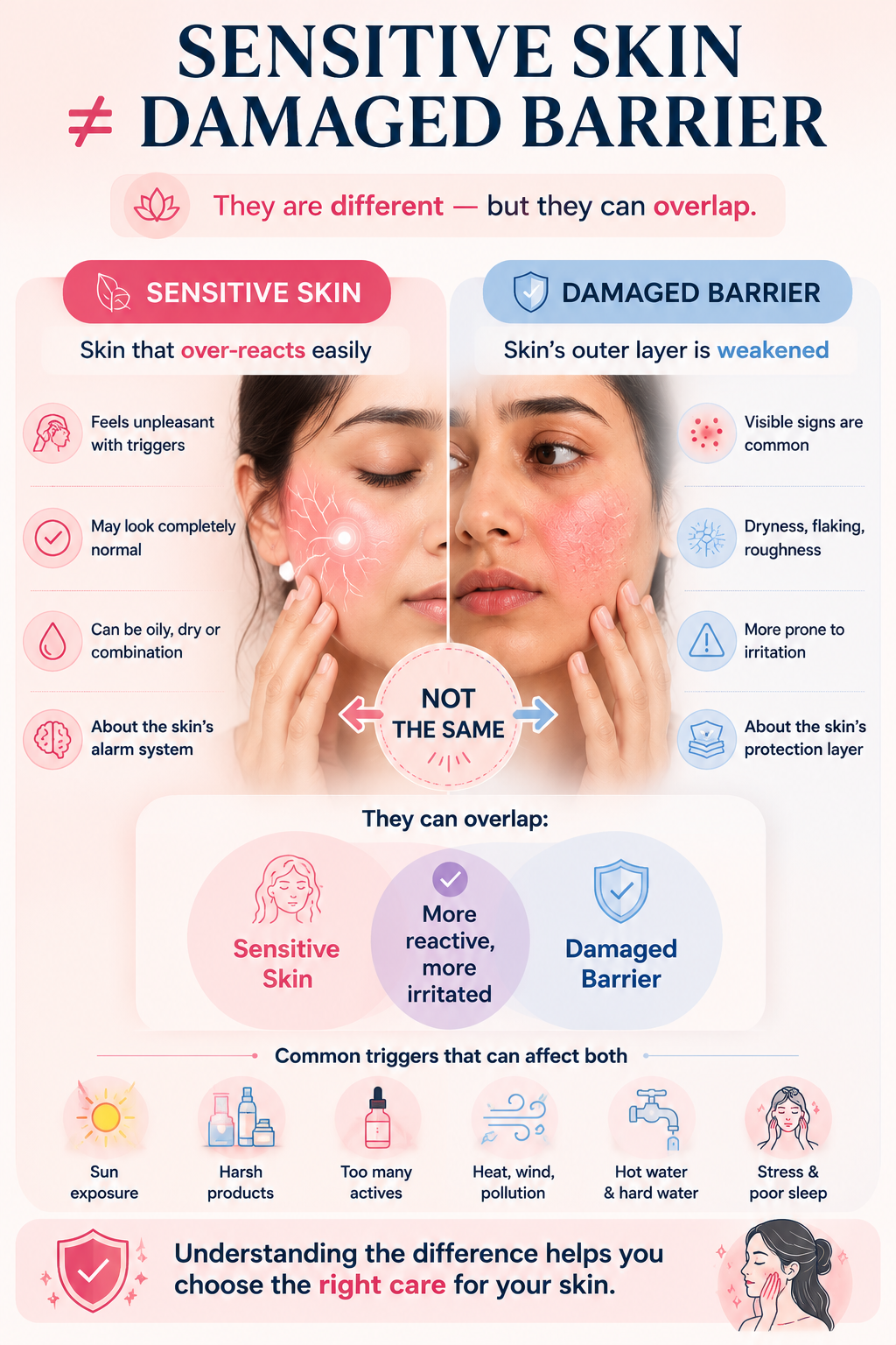 Sensitive skin versus damaged skin barrier comparison showing over-reactive skin sensations, weakened barrier protection and how the two conditions can overlap.