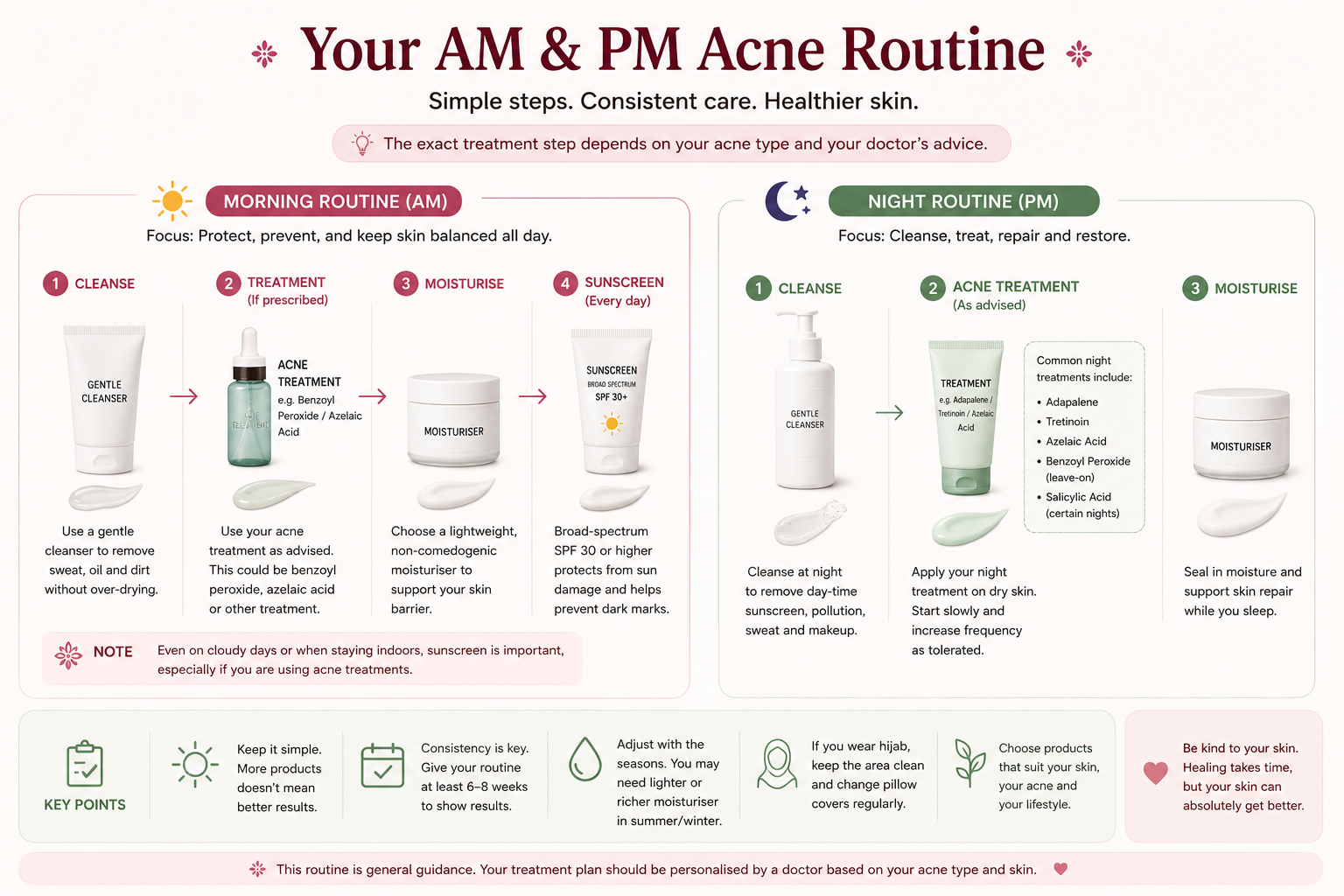 Morning and evening skincare routine for acne